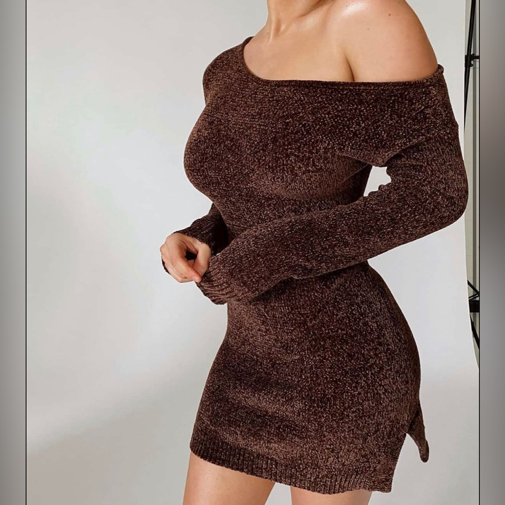 MESHKI Alegra Chenille Off The Shoulder Dress in Chocolate
